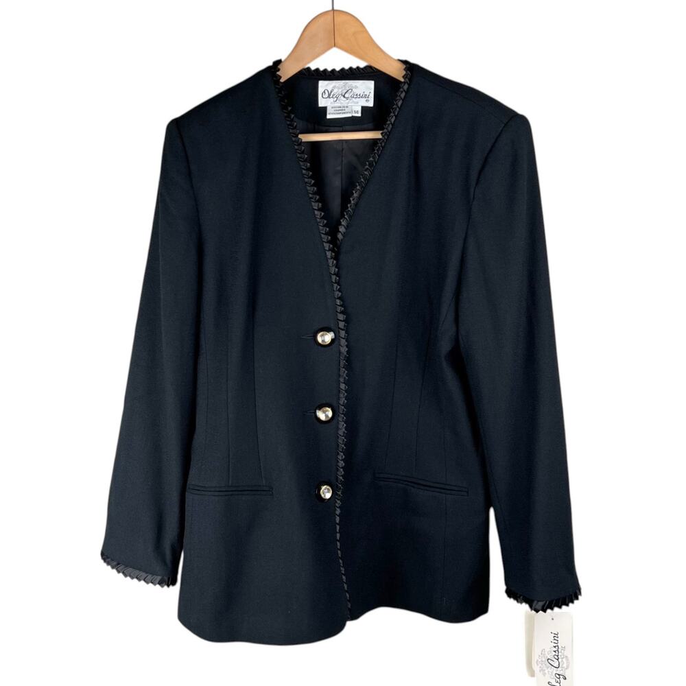 Oleg Cassini NEW VTG Black 100% Wool Satin Trim Rhinestone Button Blazer 14